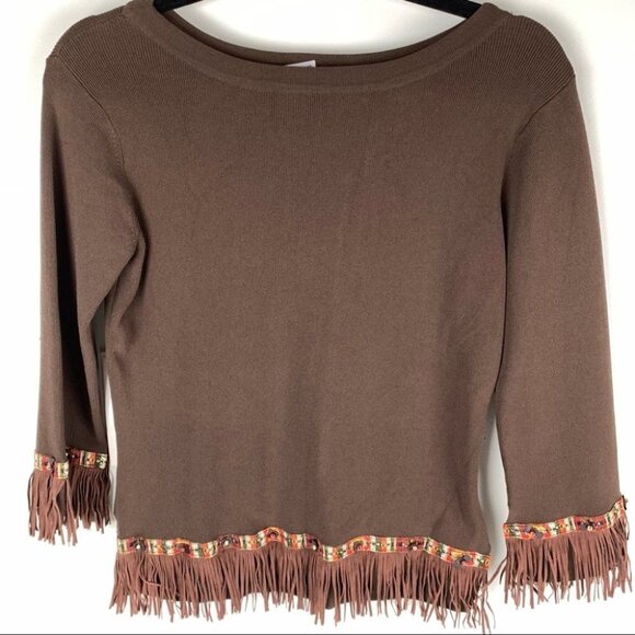 Joseph A Brown ¾ Sleeve Knit Sweater with Fringe size M - Picture 1 of 6